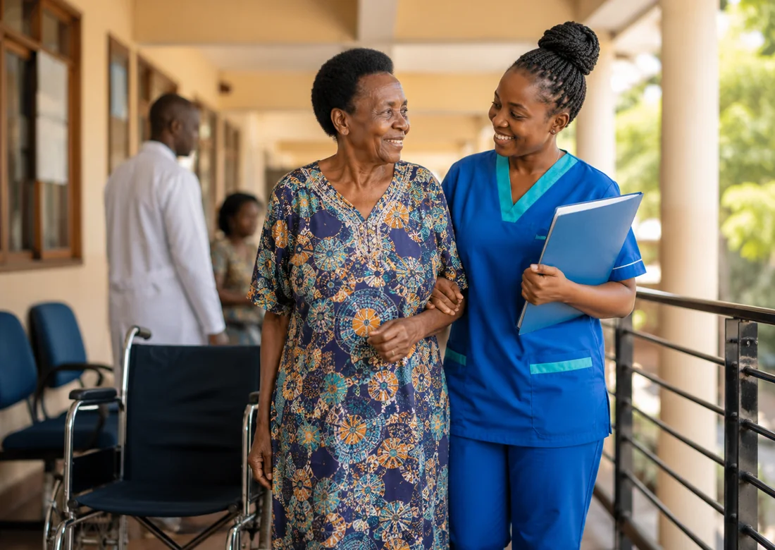 Jayden caregiver supporting an elderly client during a clinic visit